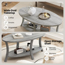 Oval Coffee Table 2-Tier Center Table with Storage Shelf-Gray