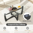 Oval Coffee Table with Tempered Glass Tabletop and Rubber Wood Legs-Black