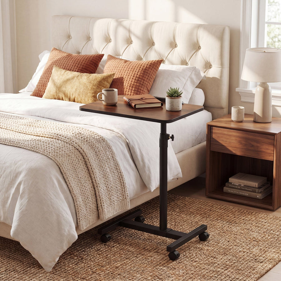 Adjustable Overbed Table with Rolling Wheels - Walnut
