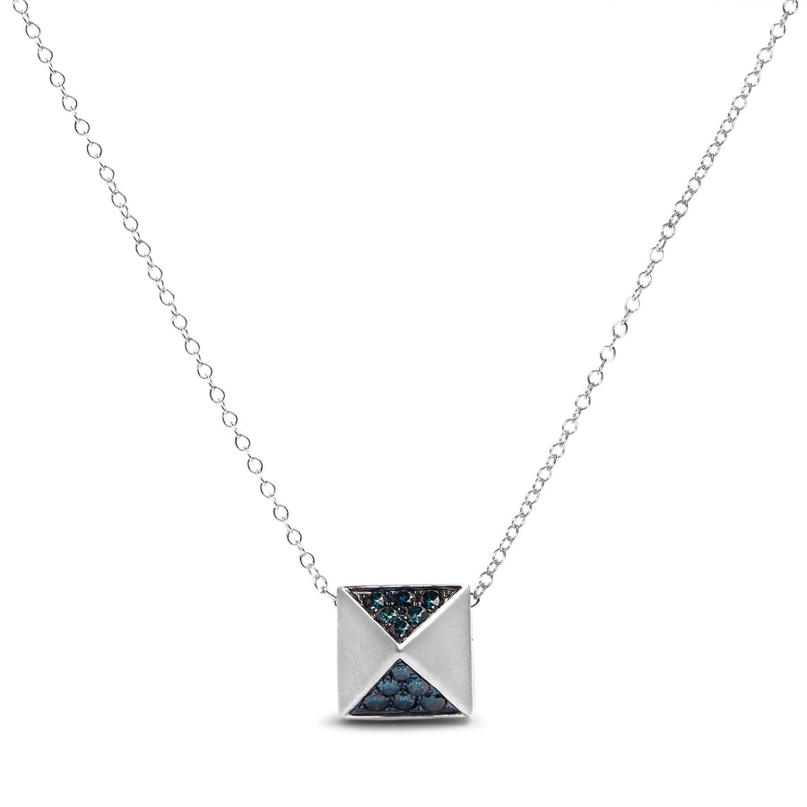 14K White Gold 1/4 Cttw Treated Blue Diamond Matte Finished Pyramid Pendant Necklace (Blue Color, SI1-SI2 Clarity) - 18