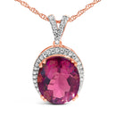 14K Rose Gold Vermeil Sterling Silver 1/5 Cttw Diamond Pink Quartz Oval Pendant Necklace