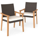 PE Rattan Outdoor Patio Dining Chair Set of 2 with Removable Cushion and Acacia Wood Armrests-White