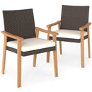 PE Rattan Outdoor Patio Dining Chair Set of 2 with Removable Cushion and Acacia Wood Armrests-White