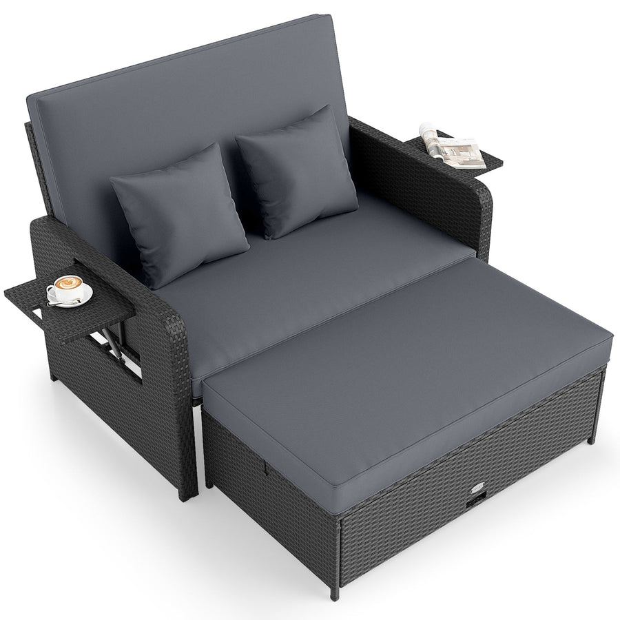 PE Wicker Outdoor Daybed with 4-Level Adjustable Backrest and Storage Ottoman