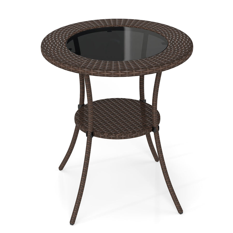 PE Wicker Patio Bistro Table Round with Tempered Glass Top and Shelf