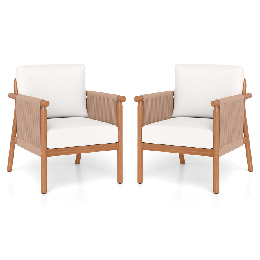 Patio Acacia Wood Chair Set of 2 with Woven Rope Armrests and Seat Back Cushions for Backyard