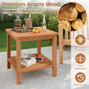 Patio Acacia Wood Side Table with Slatted Tabletop and Storage Shelf
