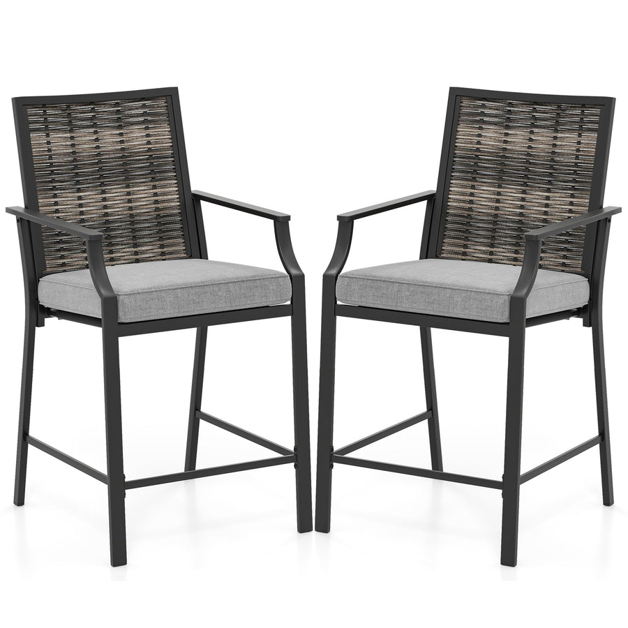 Patio Bar Stools Set of 2 Counter Height Rattan Bar Chairs with Armrest-Grey