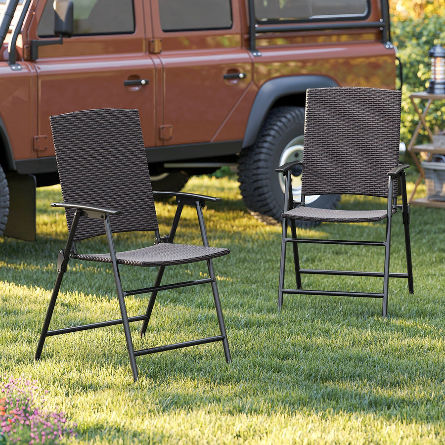 Folding Wicker Patio Dining Chairs with Armrests - Set of 2