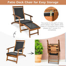 Patio Rattan Folding Lounge Chair with Acacia Wooden Frame Retractable Footrest Set of 2