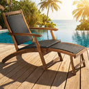 Patio Rattan Folding Lounge Chair with Acacia Wooden Frame Retractable Footrest Set of 2