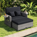 Patio Wicker Loveseat Sofa with Multipurpose Ottoman and Retractable Side Tray