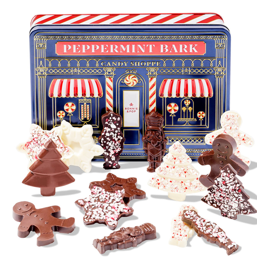 Christmas Gift – Peppermint Bark Gift Tin with Holiday-Shaped Chocolates