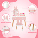 Kids Vanity Table and Chair Set with Drawer Shelf and Rabbit Mirror