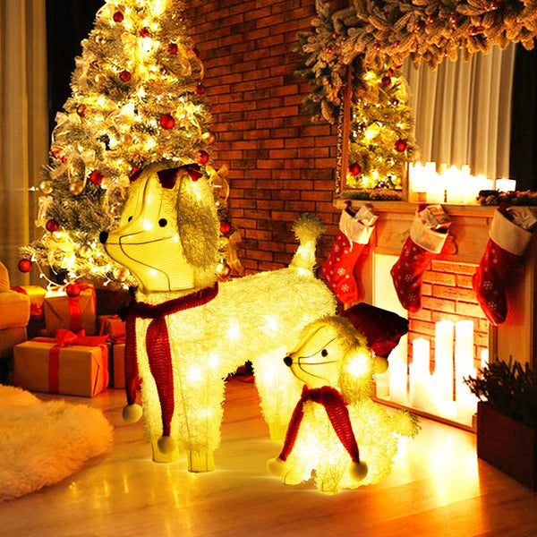 Pre-lit Mama and Baby Poodle Dogs with 60 Warm White LED Lights