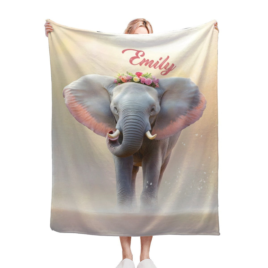 Personalized Elephant Blanket with Name | Floral Crown Design | Custom Gift for Girls, Women & Elephant Lovers