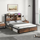 Full/Queen Size Bed Frame with 3-Tier Bookcase Headboard and Charging Station