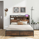 Full/Queen Size Bed Frame with 3-Tier Bookcase Headboard and Charging Station