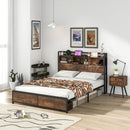 Full/Queen Size Bed Frame with 3-Tier Bookcase Headboard and Charging Station