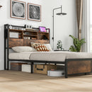 Full/Queen Size Bed Frame with 3-Tier Bookcase Headboard and Charging Station