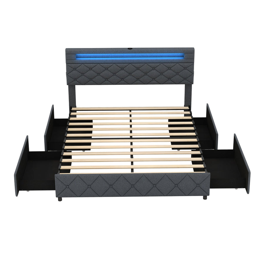 Full/Queen Size Bed Frame with Adjustable Storage Headboard and Wooden Slat Support