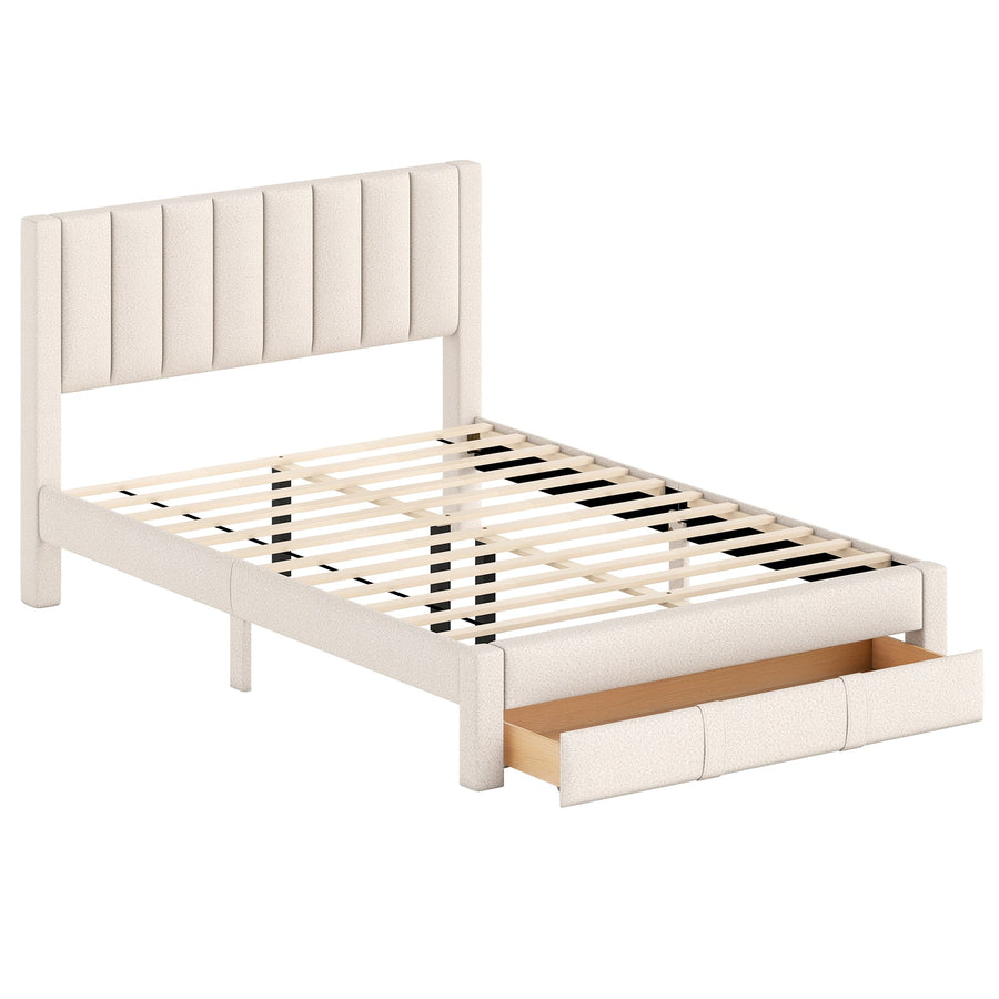 Queen Size Bed Frame with Storage Drawer and Vertical Channel Headboard