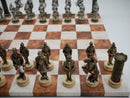 Chess Set - Painted Resin Medieval Knights Pieces on Caramel & Cream Faux Leatherette Chess Board