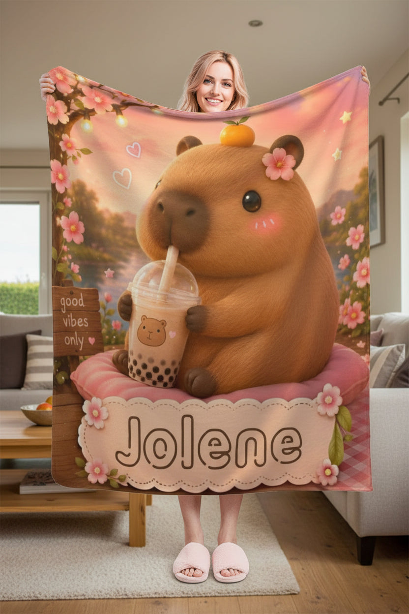 Personalized Capybara Blanket with Name - Kawaii Capybara Boba Tea Full-Print Flannel Throw with Name in Scalloped Banner - Custom Gift for Teen Girls
