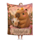 Personalized Capybara Blanket with Name - Kawaii Capybara Boba Tea Full-Print Flannel Throw with Name in Scalloped Banner - Custom Gift for Teen Girls