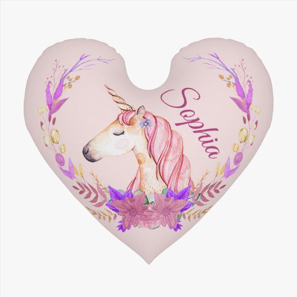 Personalized Unicorn Heart Pillow with Name | Watercolor Unicorn Portrait, Purple Botanical Wreath, Blush Pink Velvet | Custom Gift for Girls