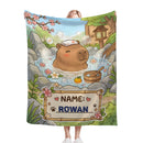 Personalized Capybara Hot Spring Blanket with Name | Kawaii Capybara in Japanese Onsen, Cherry Blossoms, Name on Bamboo Sign | Custom Gift for Capybara Lovers