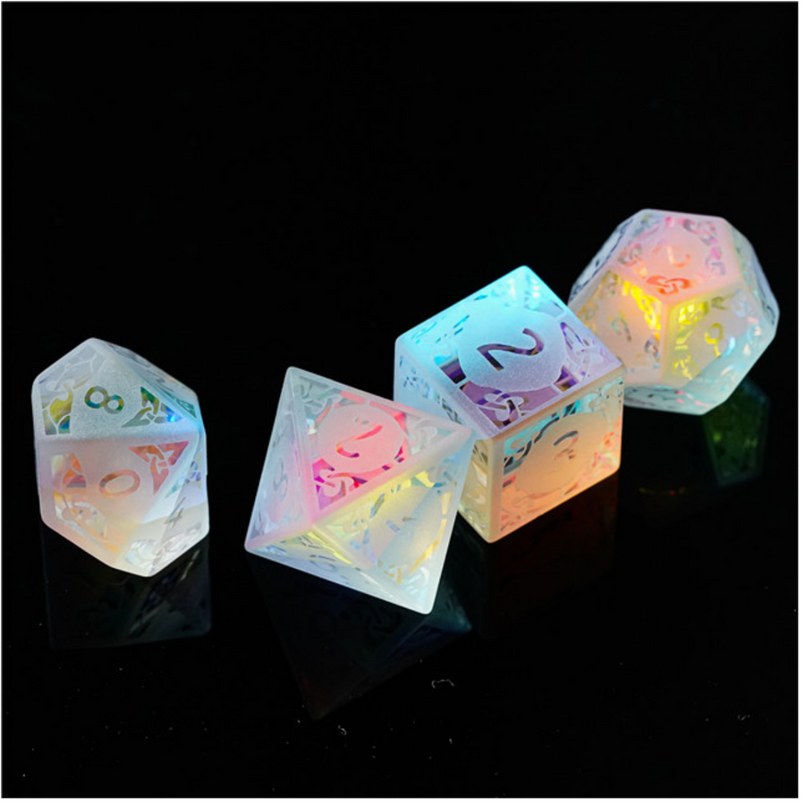 Rainbow Crystal and Flourish - Gemstone Engraved RPG Dice Set