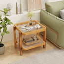 Rattan 2-Tier End Side Table with Tempered Glass Top Acacia Wood Legs-Brown