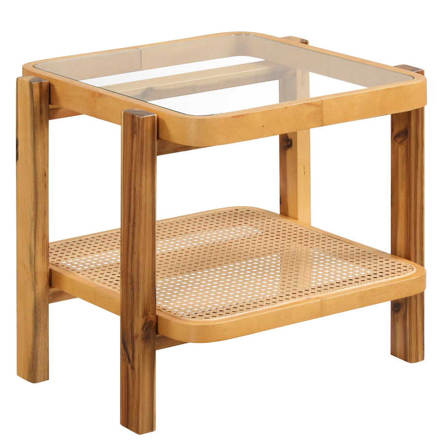 Rattan 2-Tier End Side Table with Tempered Glass Top Acacia Wood Legs-Brown