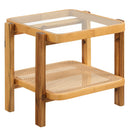 Rattan 2-Tier End Side Table with Tempered Glass Top Acacia Wood Legs-Brown