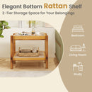 Rattan 2-Tier End Side Table with Tempered Glass Top Acacia Wood Legs-Brown