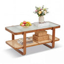 Rattan Coffee Table with Tempered Glass Top and Storage Shelf