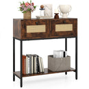 Rattan Console Table Boho Entryway Table with 2 Rattan Drawers and Open Storage Shelf