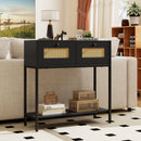 Rattan Console Table Boho Entryway Table with 2 Rattan Drawers and Open Storage Shelf