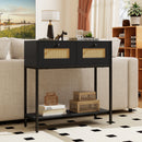Rattan Console Table Boho Entryway Table with 2 Rattan Drawers and Open Storage Shelf