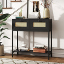 Rattan Console Table Boho Entryway Table with 2 Rattan Drawers and Open Storage Shelf