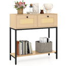 Rattan Console Table Boho Entryway Table with 2 Rattan Drawers and Open Storage Shelf