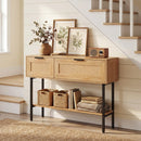 Rattan Console Table with 2 Storage Cabinets Shelf Carbon Steel Frame