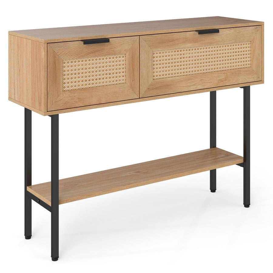 Rattan Console Table with 2 Storage Cabinets Shelf Carbon Steel Frame