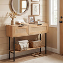 Rattan Console Table with 2 Storage Cabinets Shelf Carbon Steel Frame