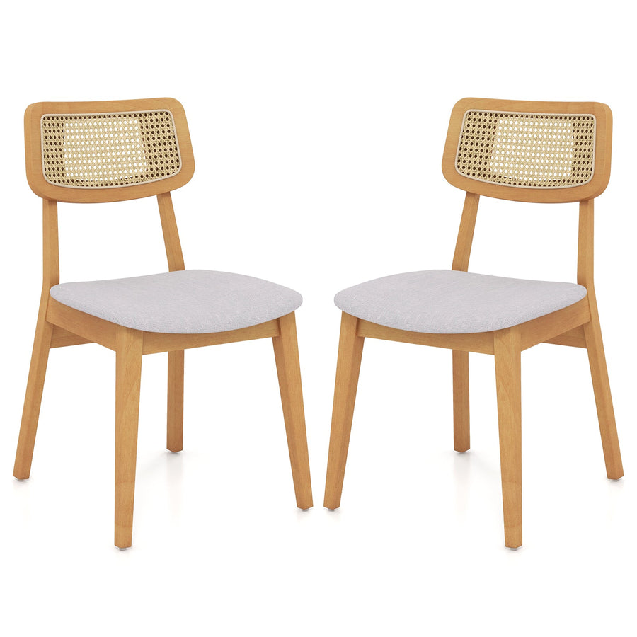 Rattan Dining Chair Set of 2 with Can Back and Rubber Wood Frame-Natural