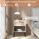 Rattan Nightstand Boho End Table with Rattan Drawer and Open Shelf