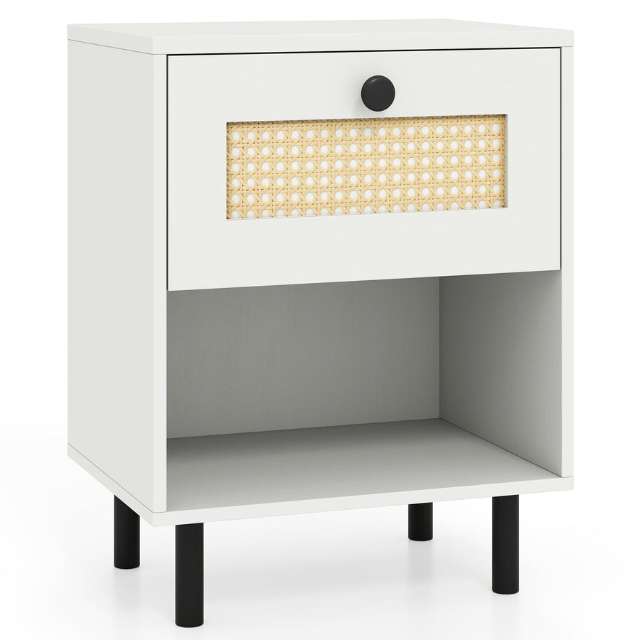 Rattan Nightstand Boho End Table with Rattan Drawer and Open Shelf