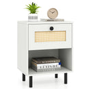 Rattan Nightstand Boho End Table with Rattan Drawer and Open Shelf