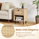 Rattan Nightstand Boho End Table with Rattan Drawer and Open Shelf